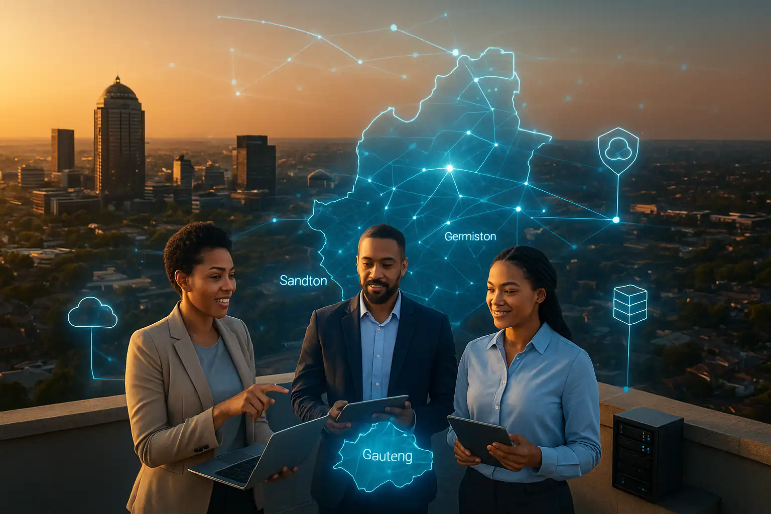 High-resolution hero image: aerial view over Sandton skyline at golden hour with digital network overlays connecting Gauteng suburbs; foreground team of 3 professionals on a rooftop pointing to a holographic Gauteng map; includes subtle enterprise elements like POPIA shield, cloud/on-prem icons, and a compact edge server.